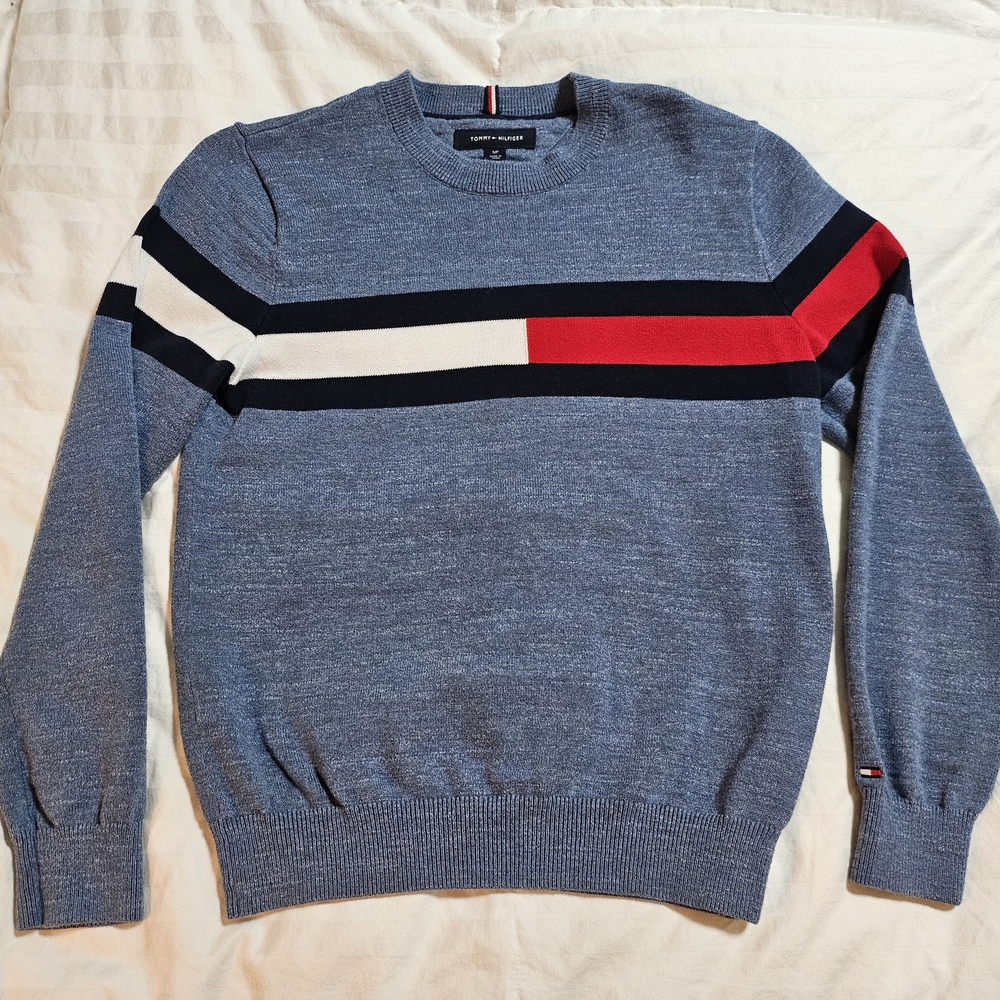 Tommy Hilfiger Blue Crewneck Sweater with Red and White Accents